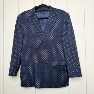 Lorenzo Bruno Polka Dot Blazer 38R Navy White Tailored Sport Coat Contrast Trim